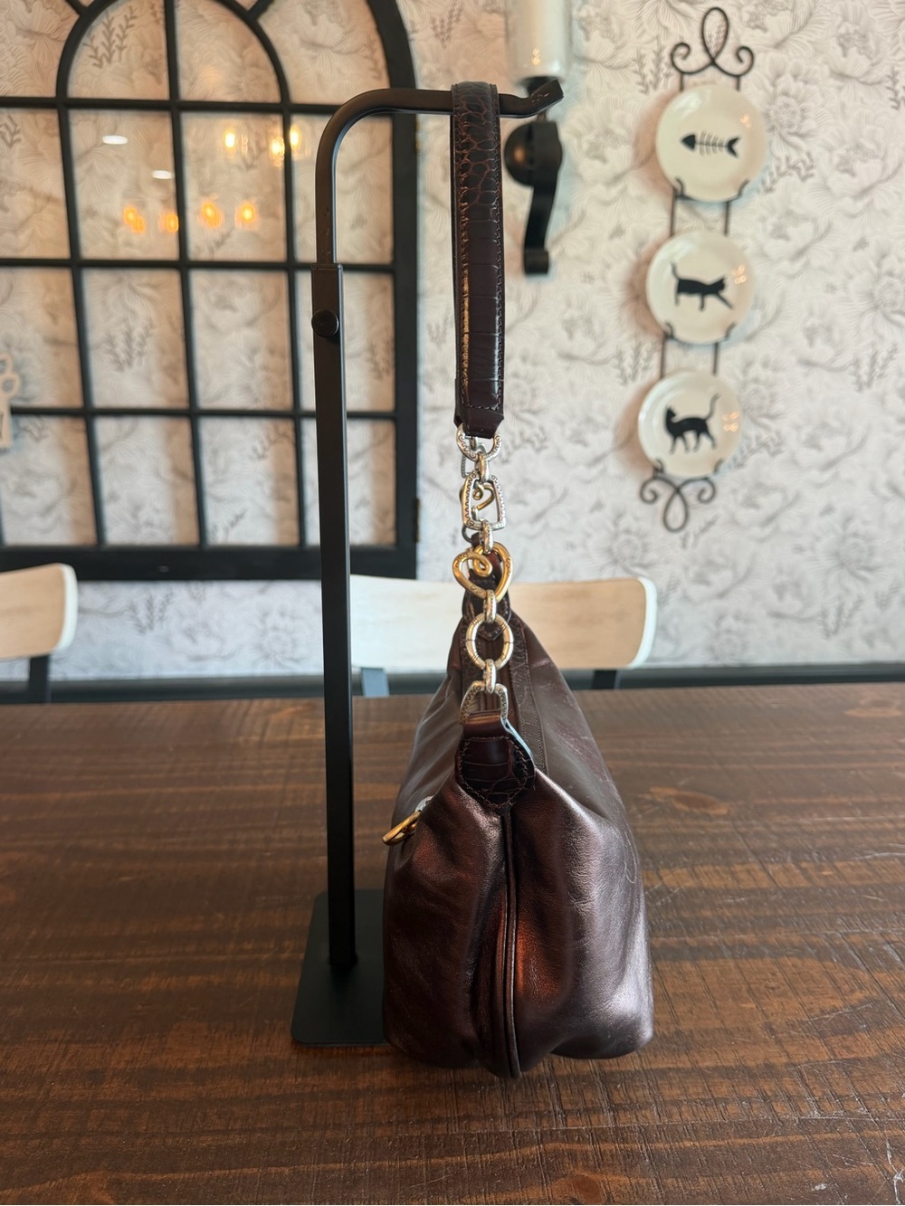 Brighton Bronze Leather Zip Top Croc Trim Hobo Bag with Heart Charms EUC - Picture 4 of 10